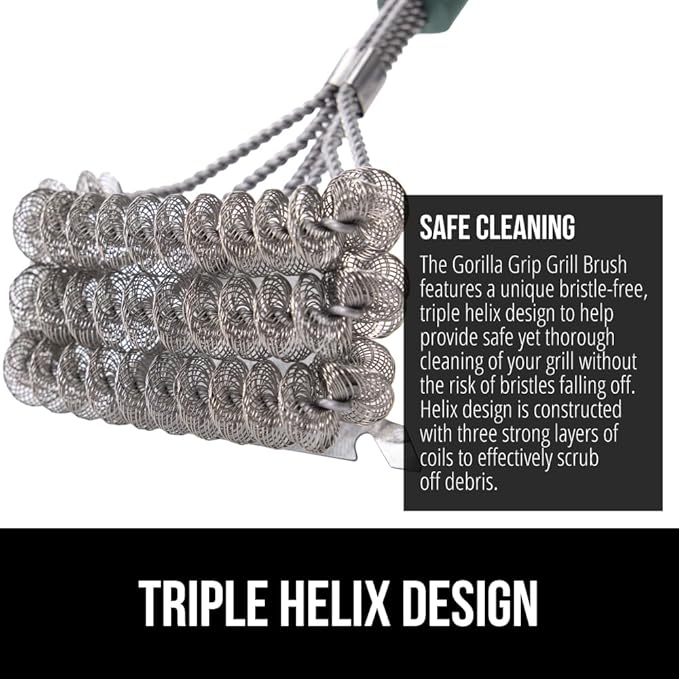 GORILLA GRIP Heavy Duty No Bristle Triple Helix Grill Brush with Scraper for Outdoor Grills, Safe Steam Cleaning, Oversized Comfortable Handle Grip with Bottle Opener, BBQ Tools, 17.5 Inch, Green