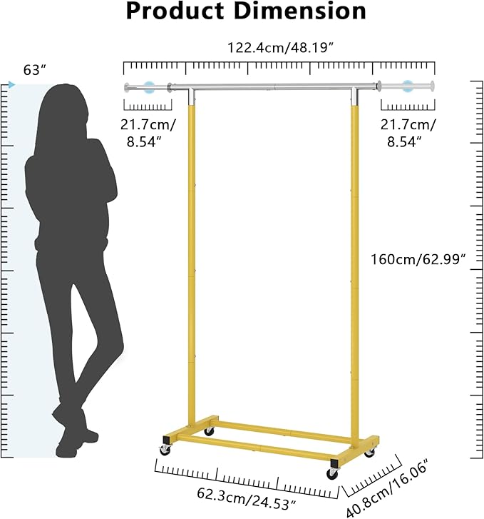 JIUYOTREE Rolling Clothes Rack with Shelf Clothing Garment Rack with Wheels Width Adjustable Clothing Organizer for Hanging Clothes Shirts Pants Skirts and Bags Gold