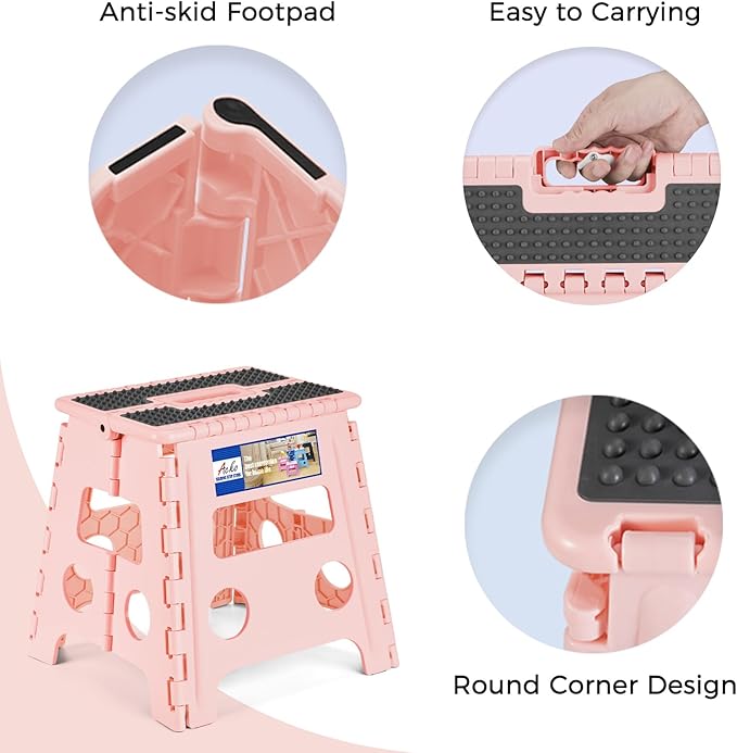 ACKO Folding Step Stool 13 inch Height Premium Heavy Duty Foldable Step Stools for Adults and Kids, Kitchen Plastic Small Collapsible Stepping Stool Hold Up to 300 LB Dot Pink (1 Pack)