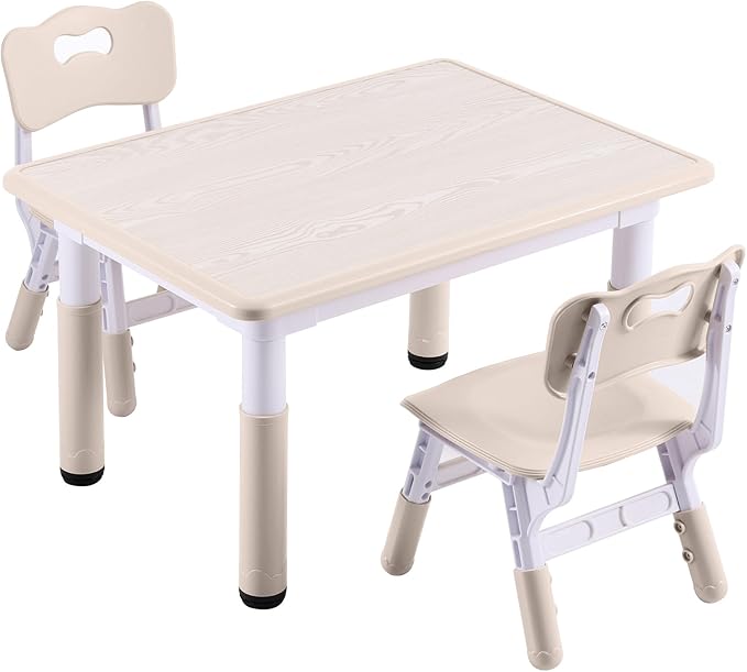 Kids Table and 2 Chairs Set, Height-Adjustable Toddler Table and Chair Set with Graffiti Desktop, 31.5''L x 23.6''W Children Activity Table for Daycare, Classroom, Home