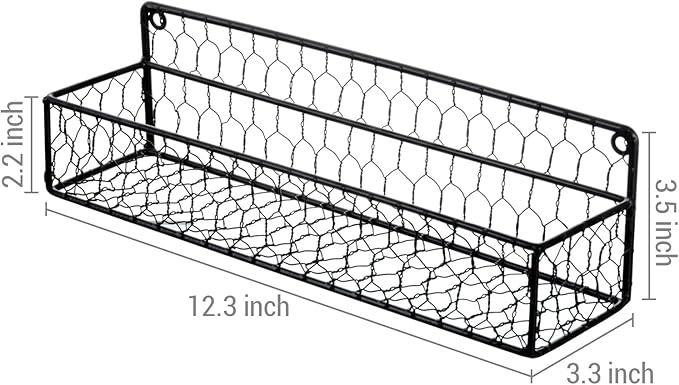 MyGift Wall Mountable Spice Rack Shelf Organizer, 12-Inch Black Chicken Wire Hanging Kitchen Seasoning Condiment Storage Display Rack, Set of 2