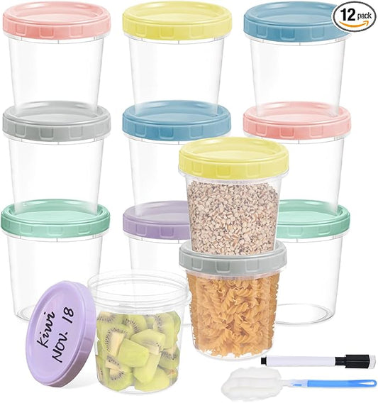 12pcs 32 oz Plastic Containers with Screw Top Lids, Reusable Clear Food Storage Containers with Pen and Brush, Leakproof Freezer Soup Containers, Microwave & Dishwasher Safe