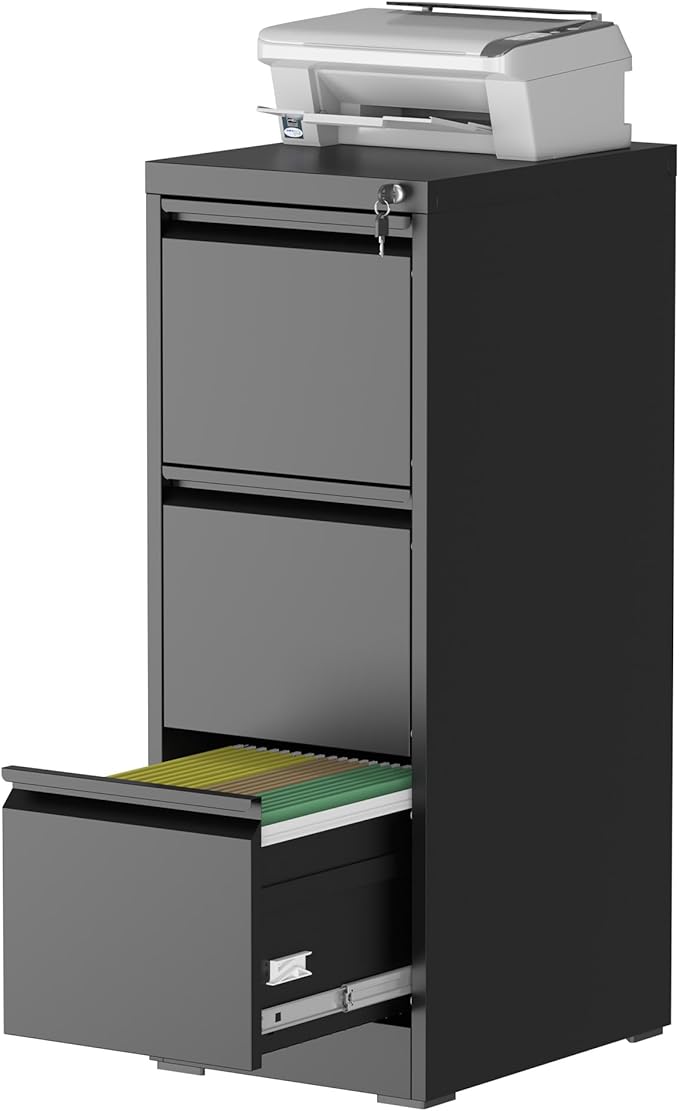 3 Drawer File Cabinet with Lock, Steel Vertical Filing Storage Cabinet for Home Office, Heavy-Duty File Cabinets for Letters/Legal/A4 (Require Assembly, Black)