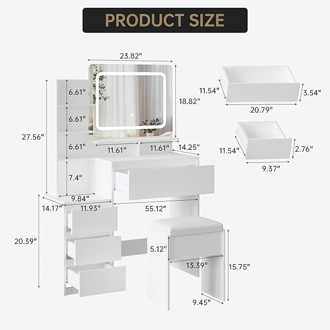 GAOMON Makeup Vanity Desk with Mirror and Lights - 36" Vanity Table Set with 4 Drawers, Power Outlet, USB Ports, Stool, Dressing Table with 3 Lighting Color Adjustable for Bedroom, Women, White