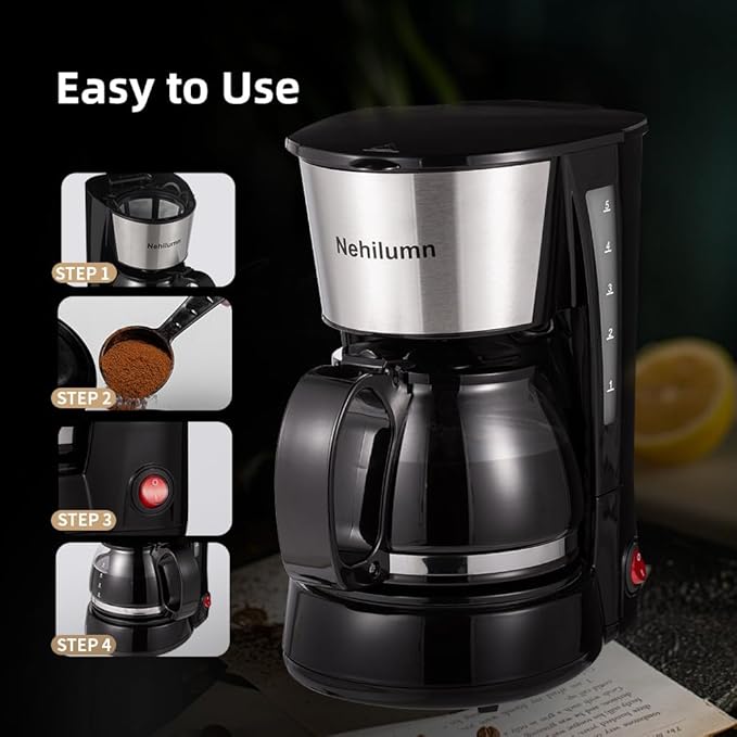 4-5 Cups Drip Coffee Maker, Coffee Pot Machine Permanent Coffee Filter, Mini,20Oz Electric Coffee Maker,650W Black and Stainless Steel