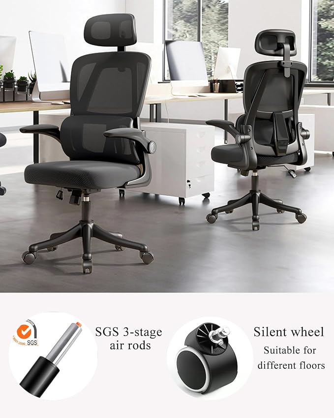 Office Chair Mesh Desk Chair, Ergonomic High-Back Rolling Gaming Work Chairs with Wheels and Adjustable Headrests,Comfortable Flip-up Arms for Home,Bedroom,Study Gaming