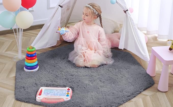 junovo Ultra Soft Rug for Nursery Children Room Baby Room Home Decor Dormitory Hexagon Carpet for Playhouse Princess Tent Kids Play Castle, Diameter 4.6 ft, Grey