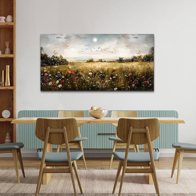 Wapluam Wall Decor For Living Room Canvas Wall Art For Bedroom Wildflower Field Vintage Wall Art Canvas Prints Paintings Farmhouse Artworks Pictures Modern Bathroom Aesthetic Home Wall Decor 40"X20"