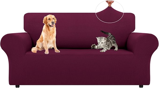LURKA Stretch Loveseat Sofa Slipcovers 1 Piece Couch Covers for Sofa Furniture Protector Full Sofa Covers with Elastic Bottom for Kids and Dog (Medium, Wine)