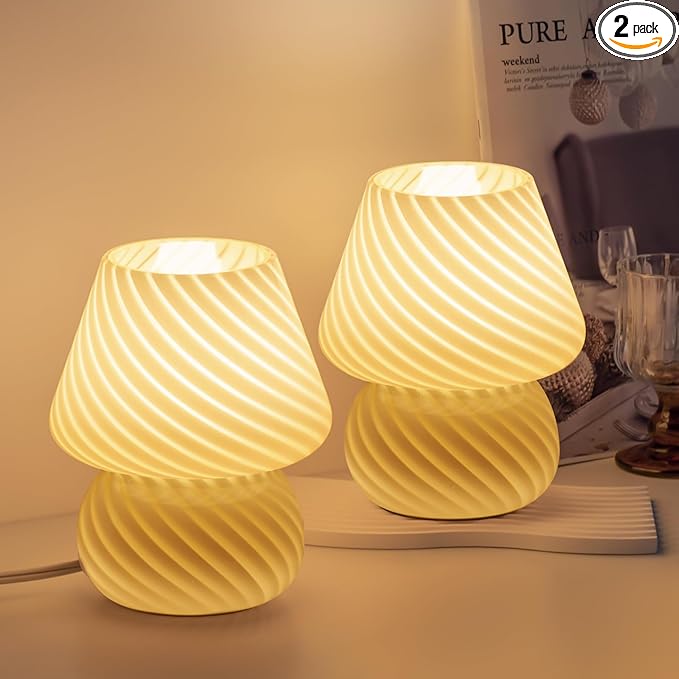 ONEWISH Mushroom Lamps Set of 2 - Small Bedside Table Lamp with Striped Glass, Nightstand Lamp for Bedroom, Bulb Included, for Christmas New Year, Creamy Yellow