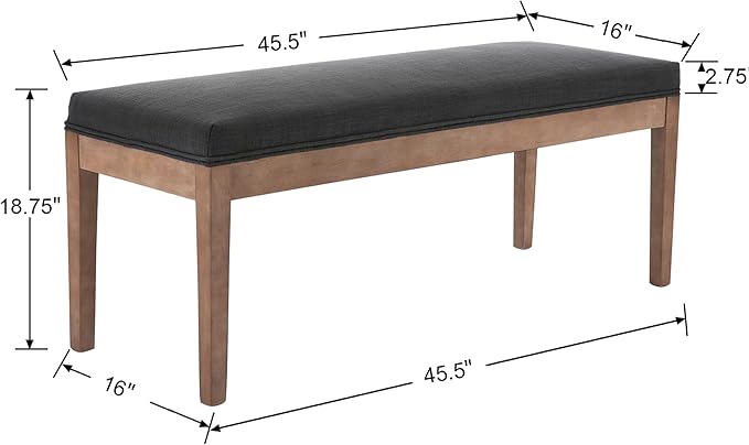 Linen Dining Bench Upholstered Entryway Bench Farmhouse Shoe Bench Seat Ottoman for Hallway Living Room Bedroom End of Bed Dining Room Kitchen, 45.5" Long, Charcoal