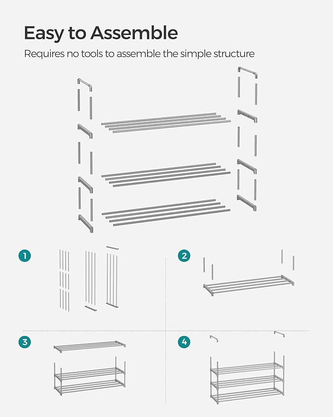 SONGMICS Shoe Rack, 3-Tier Shoe Organizer, Metal Storage Shelf, Upright or Upside Down, for 16-20 Pairs, Stackable, for Entryway, 11.8 x 36.2 x 21.7 Inches, Gray ULSA303G01