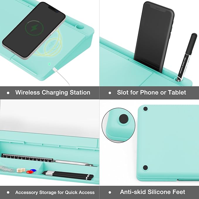 TOWON Desktop Glass Whiteboard with Charger Pad, Whiteboard for Desk with Charging Station, Desk Buddy Dry Erase with Charger for Home Office, Dry Erase Computer Desk Notepad, Teal Blue, 17 x 6 Inches