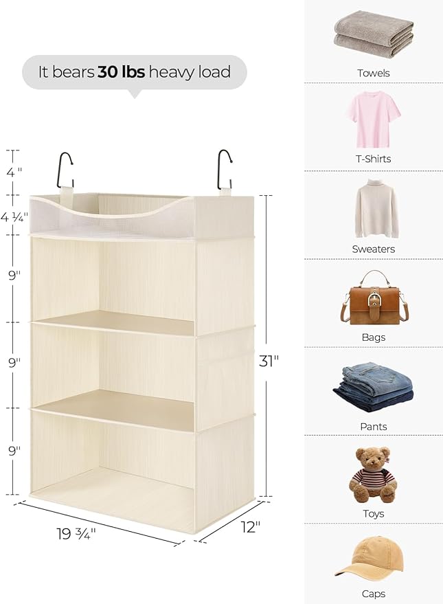 StorageWorks Hanging Closet Organizer, 3-Shelf Hanging Closet Shelves with Top Shelf, 19 ¾"W x 12" D x 31" H, Extra-Large Space, Ivory White