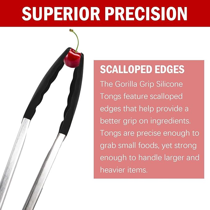 Silicone Kitchen Tongs for Cooking - 9+12 Inch Heat-Resistant Stainless Steel Cooking Tongs with Non-Slip Handle, Non-Scratch Tips for Grilling, BBQ, Salad & Air Fryer - 2-Piece Black Set