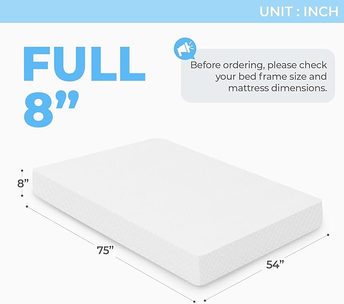 Neo Sleep 8 Inch Full Cooling Gel Memory Foam Mattress Medium Firm CertiPUR-US Certified Foam, Mattress in a Box Enhanced Pressure Relief Removable Soft Cover No Fiberglass (Full, 8 in)