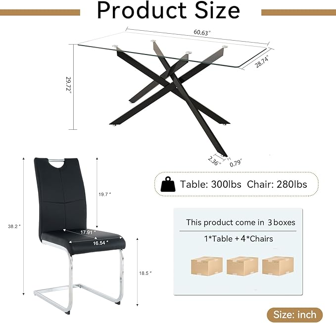 Modern Glass Dining Table Set for 4, Black Glass Kitchen Table and Chairs Set of 4, 5 Piece Dining Room Table Set with 61" Rectangular Metal Glass Dinner Table and 4 Black Leather Dining Chairs