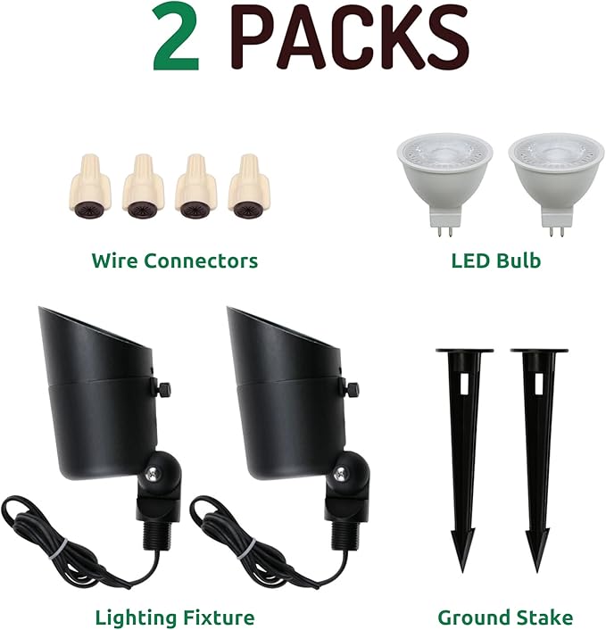Lumina Lighting® 5W Landscape Lighting 12V Landscape Lights Low Voltage Landscape Spotlights Warm White Waterproof Outdoor Replaceable LED Bulb for Garden,Lawn,Porch,Patio and Yard (Black) (2-Pack)