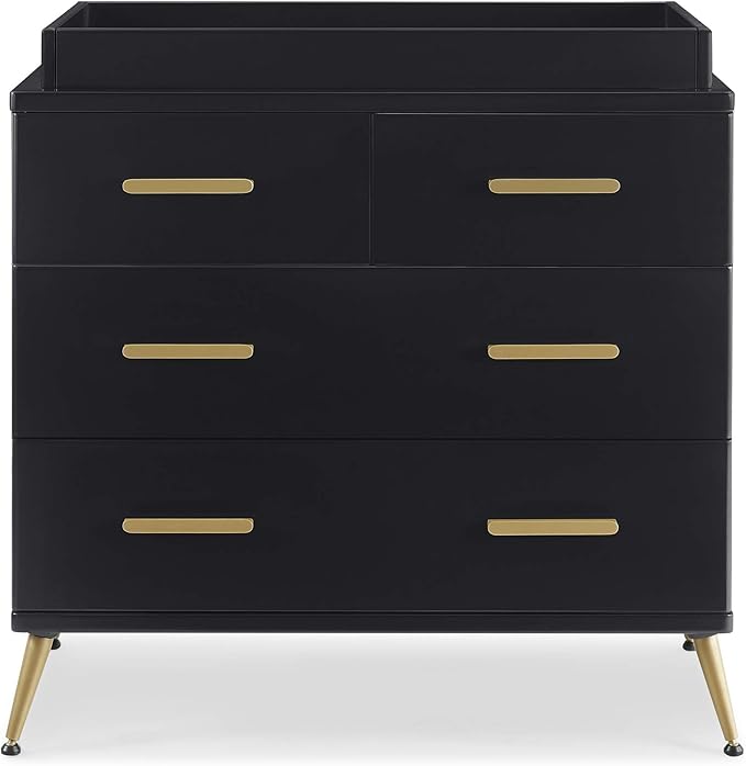 Delta Children Sloane Crib 7-Piece Baby Nursery Furniture Set–Includes: Convertible Crib, Dresser, Changing Top, Crib Mattress, Fitted Sheets, Toddler Guardrail & Changing Pad, Black w/Melted Bronze