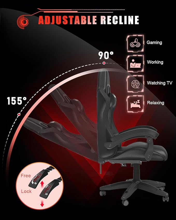 Bigzzia Gaming Chair with RGB LED Lights, High Back Ergonomic Computer Gamer Chair with Headrest and Lumbar Support, Racing Style Reclining Game Chair for Adults, Kids (Black)