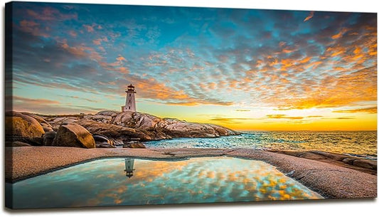 YYYYHPP YP1875 Canvas Prints Wall Art Peggy's Cove Lighthouse Sunset Ocean View Landscape Nature Pictures Stretched Canvas Wooden Framed for Living Room Bedroom and Office Wall Decor