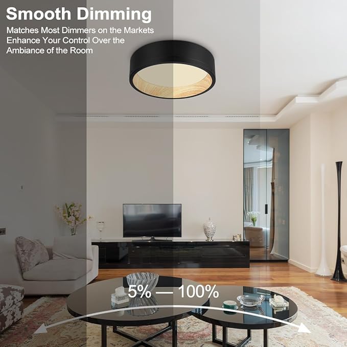 DAKASON LED Flush Mount Ceiling Light Fixture 12.5'' 25W 1500LM, 3000/4000/5000K CCT Selectable, Painted Woodgrain and Black Frame, Dimmable Modern LED Ceiling Light for Kitchen, Hallway, Living Room