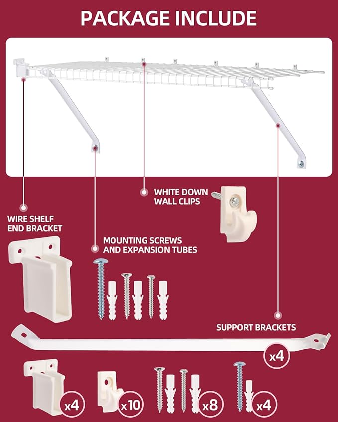 Heavy Duty Shelf Brackets for 12" Closet Maid - 25kg Max Load Rust-Proof Metal Kit w/4 Rack Support Brackets, 4 End & 10 Clips, Easy Install Wire Shelving in Laundry, Closet, Garage, Kitchen, RV