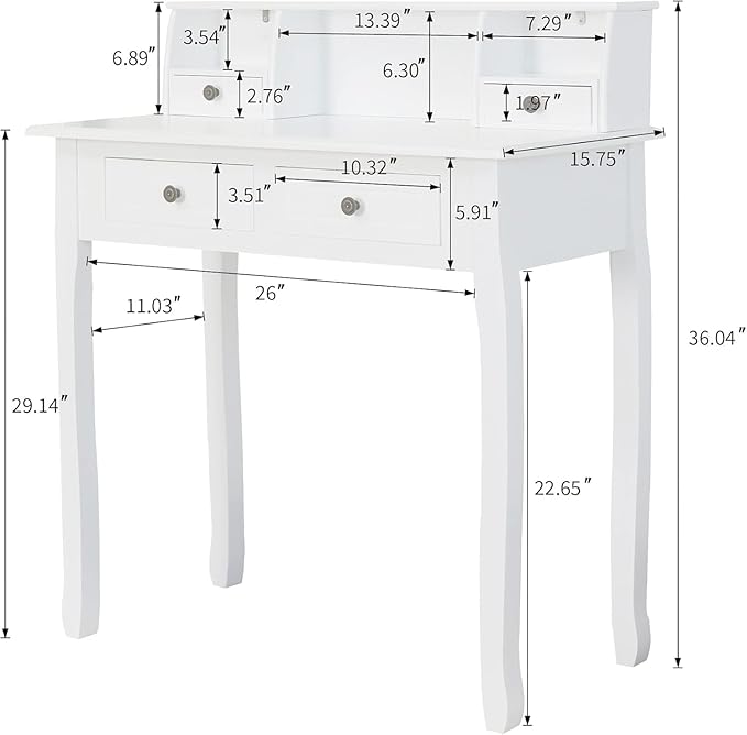 Kids Study Desk, 32" Small Wooden Writing Desk with 4 Drawers for Home Office, 6-16 Years Girls Boys Study Table with Hutch for Bedroom Study Room, Compact Computer Desk, Vanity Makeup Table, White