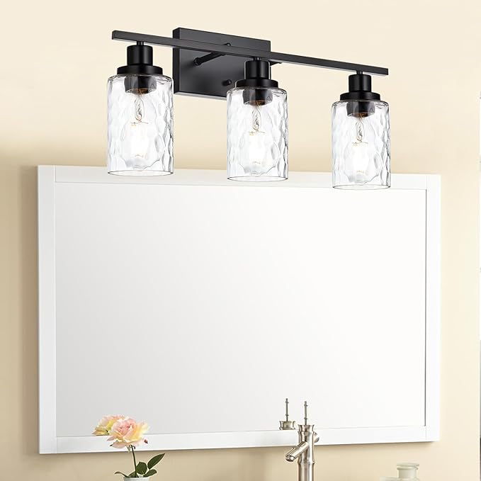 MELUCEE 3-Light Bathroom Light Fixtures, Vanity Lights Over Mirror Black Finish with Hammered Glass, Industrial Wall Light Fixture Suitable for Living Room Porch Kitchen (Patent No.: US D963914 S)