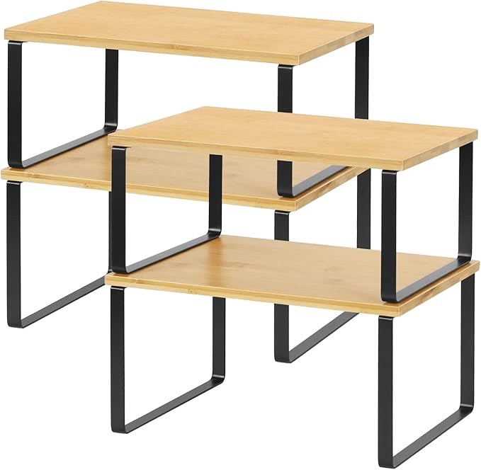 MOOACE Kitchen Cabinet and Counter Shelf Organizer, Stackable & Expandable, Set of 4, Black and Natural