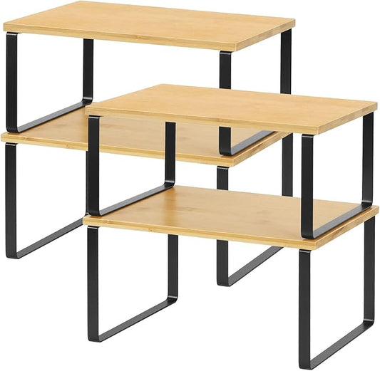 MOOACE Kitchen Cabinet and Counter Shelf Organizer, Stackable & Expandable, Set of 4, Black and Natural