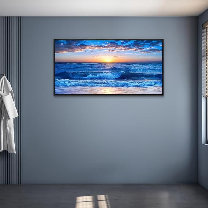 Wapluam Large Canvas Art - Blue Ocean Beach Scene, Sunny Sea View, Wave Wall Pictures, Black Framed Home Decor