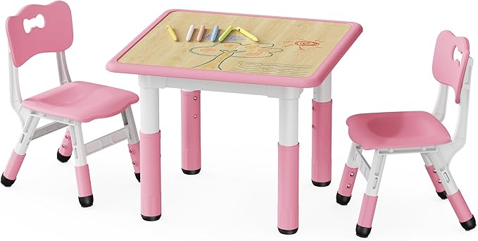 Brelley Kids Table and 2 Chairs Set, Height Adjustable Toddler Desk and Chair Set, Graffiti Desktop, Classroom/Daycare/Home, Children Multi-Activity Table for Ages 2-8