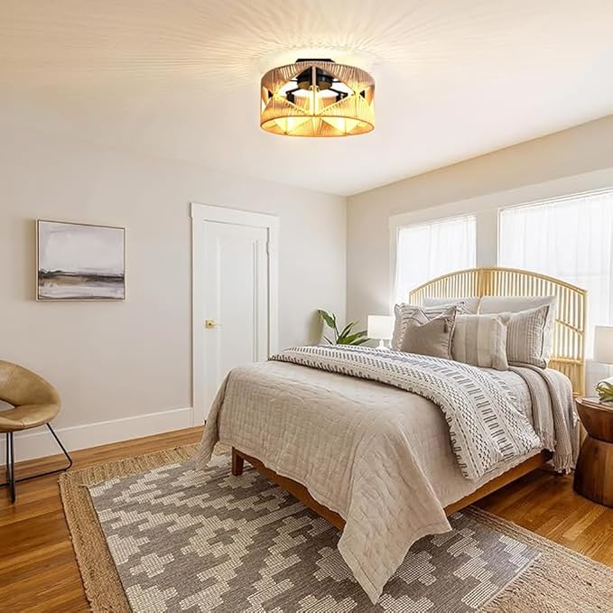 20 inch Boho Flush Mount Ceiling Light Fixture with 5-Light, Hand-Woven Rattan Chandelier with Integrated Metal Frame, Ceiling Light Hanging for Dining Room, Bedroom, Entryway, Living Room, Farmhouse