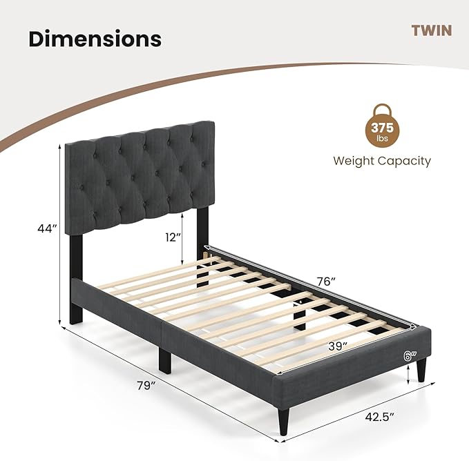 Giantex Twin Bed Frames with Headboard, Modern Upholstered Platform Bed Frame with Diamond Tufting Headboard, Wooden Slats Support, No Box Spring Needed, Gray