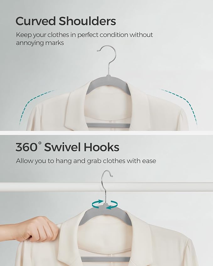 SONGMICS Velvet Hangers 50 Pack, Non-Slip Clothes Hangers, Suit Hangers with Shoulder Notches, Pants Bar, 360° Swivel Hook, Space-Saving, for Closet, Dove Gray UCRF029G50