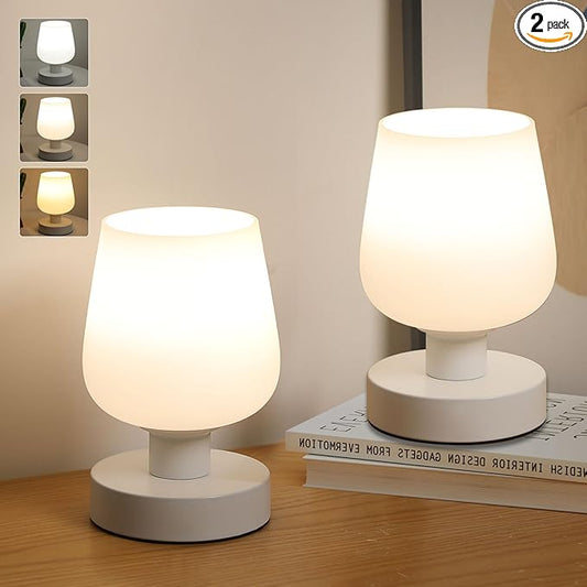 Touch Bedside Table Lamp Set of 2, Dimmable Small Table Lamp for Bedroom with White Opal Glass Lamp Shade and LED Bulb, Modern Nightstand Lamps, Desk Lamp with Plug for Living Room Bed
