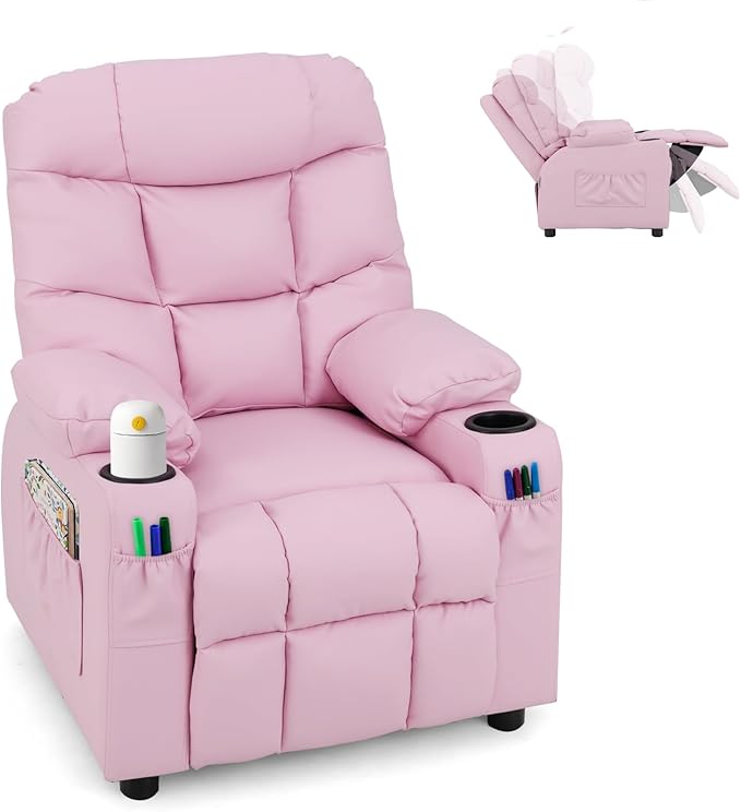 GLACER Kids Recliner Chair w/Cup Holder & Side Pockets, Children Recliner w/Comfortable Backrest, Armrests & Footrest, Toddler PU Leather Recliner for Boys Girls, 3+ Age Group (Pink)