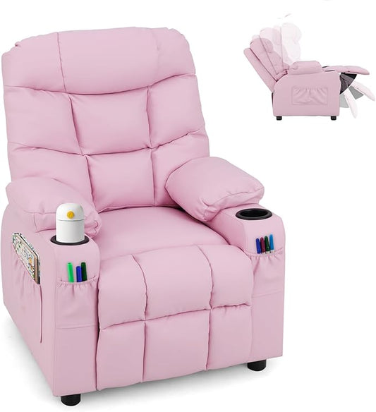 GLACER Kids Recliner Chair w/Cup Holder & Side Pockets, Children Recliner w/Comfortable Backrest, Armrests & Footrest, Toddler PU Leather Recliner for Boys Girls, 3+ Age Group (Pink)