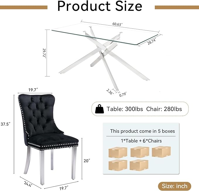 Goujxcy Glass Dining Table Set for 6, Modern Kitchen Table and Chairs Set of 6, 7-Piece Kitchen Dining Room Table Set w/61 Glass Silver Dining Table and 6 Black Velvet Upholstered Chairs