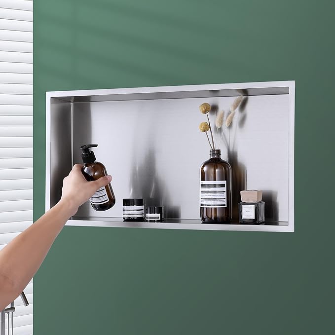 POPFLY 24X12 Inch Shower Niche Shelf, Brushed Nickel Shower Niche Stainless Steel, No Tile Needed Bathroom Storage Shelfs Recessed Wall Niche