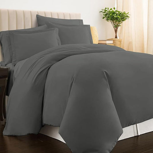 Pizuna Pure 100% Cotton King Duvet Cover Set, Luxurious 400 Thread Count Long Staple Cotton Sateen Weave with Button Closure (Combed Dark Grey Cotton Duvet Cover King)