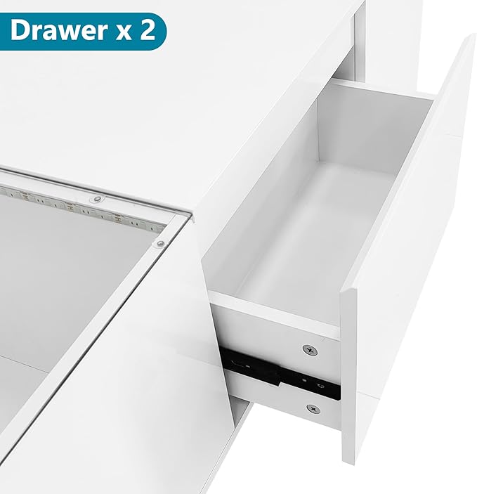 Modern High Gloss Coffee Table with Storage, 41.3-Inch Glass Top Center Cocktail Table with Drawers for Living Room, White