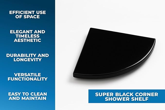 9 Inch Super Black Engineered Marble Corner Shower Shelf Bathroom Caddy, Wall Mounted Shower Shelf, Classic Flatback Design (1)