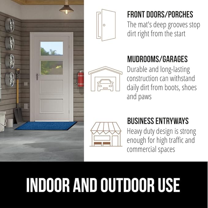 GORILLA GRIP Traffic Guard Door Mat, 72x48, Heavy Duty Welcome Mats, Commercial Office Space Doormat, Waterproof, Fade Resistant, Strong Rubber Backing, Low Profile, Shoe and Boot Scraper, Blue