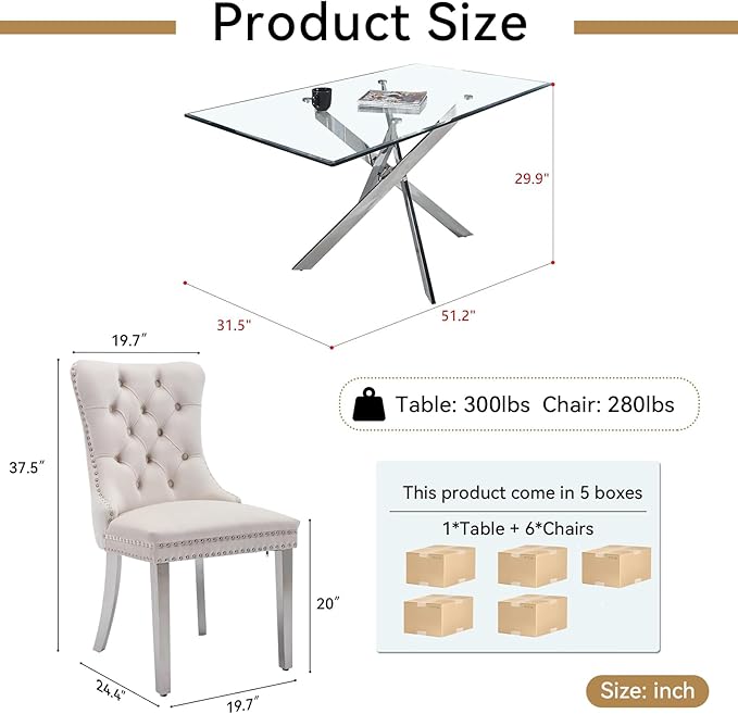 Goujxcy 51" Glass Dining Table Set for 6, Modern Kitchen Table and Chairs Set w/Steel Legs, 7-Piece Dining Table Set w/Glass Silver Dining Table and 6 Beige Velvet Chairs for Kitchen Dining Room