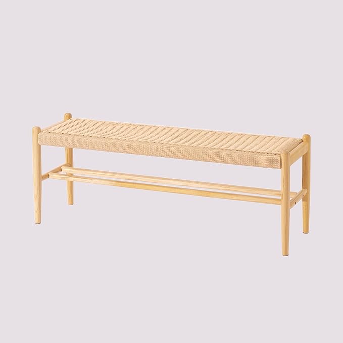 Solid Wood Entryway Bench with Shoe Storage, Rustic Oak and Woven Design 45 Inch Long Seating for Living and Dining Rooms, Natural