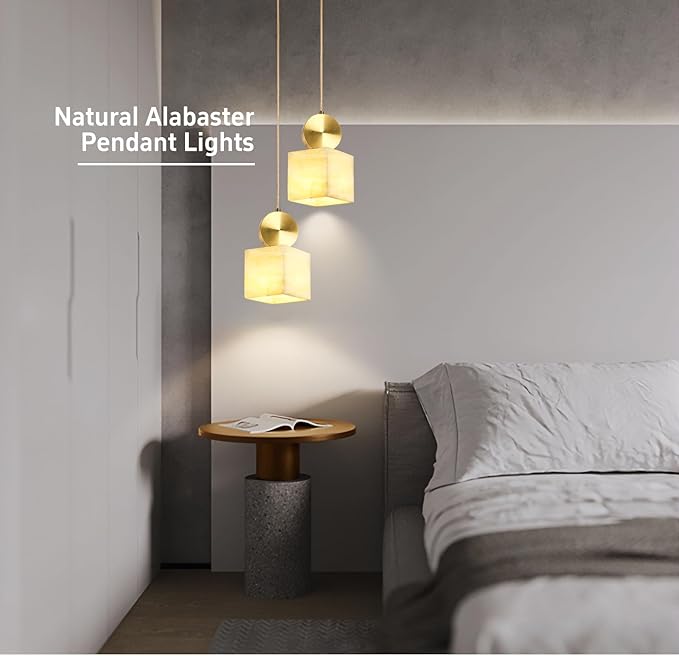 Natural Alabaster Pendant Lights Kitchen Island, White Pendant Light Fixtures, Light Pendan Marble Shade, for Bedroom Bathroom Dining Room Living Room (Bulbs INCL)