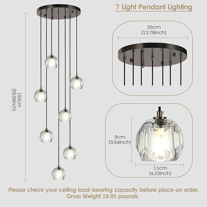 7 Lights Cluster Pendant Light, Brushed Black Modern Crystal Entryway Chandelier, High Ceiling Foyer Pendant Hanging Light Fixture for Staircase Dining Room