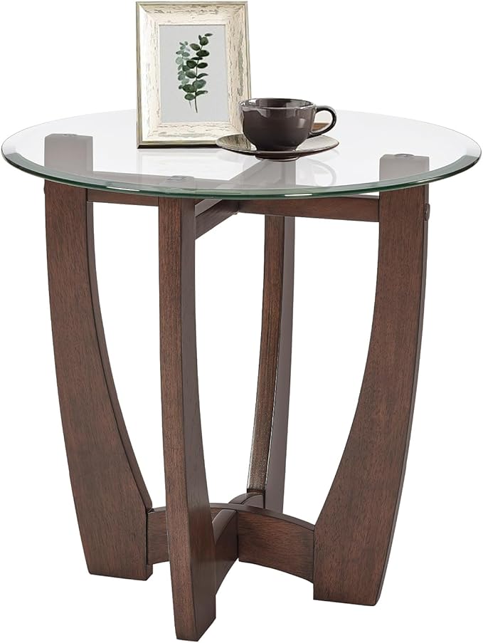 Glass End Table, 23.5" Round Side Tables with Tempered Glass Top Cross and Solid Wood Base Small Night Stand for Living Room Office Apartment Cherry